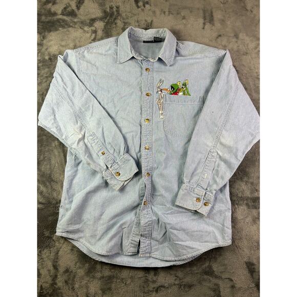 Vintage 1996 Warner Bros Denim Shirt Bugs Bunny Marvin Martian Embroidered Small - Picture 1 of 10